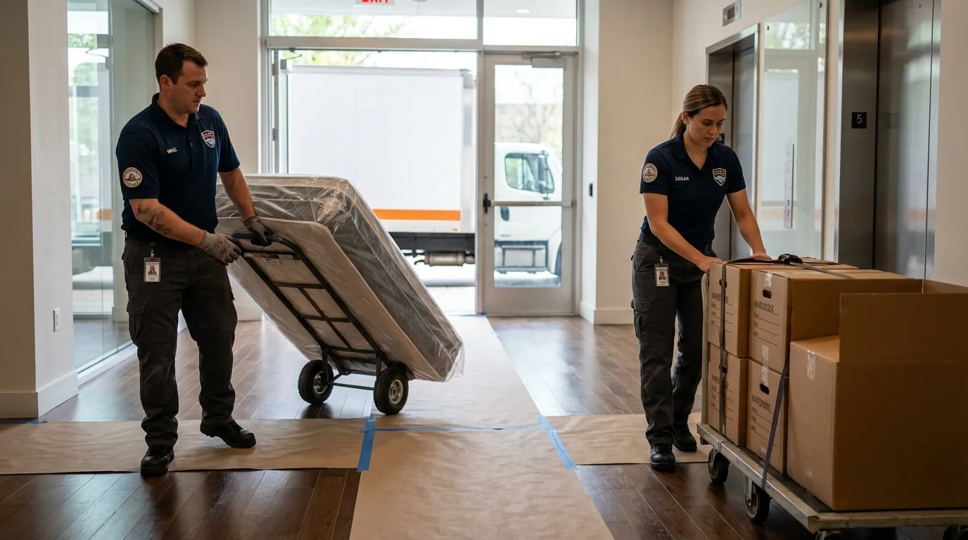 Professional apartment movers loading elevator in Fort Knox, KY