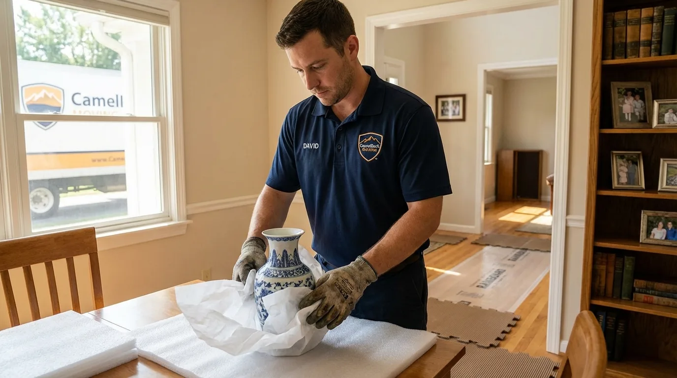 Professional crew carefully wrapping antique vase for senior downsizing move in Fort Knox, KY